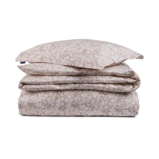 Cotton Sateen Bedding Set, Leaf Pattern Beige/Burgundy